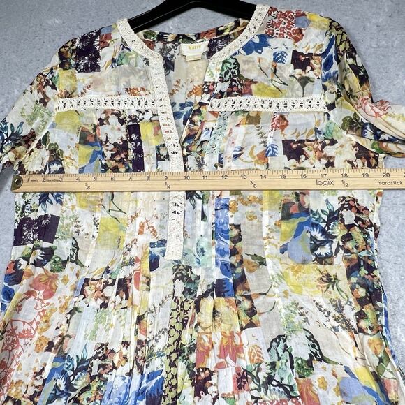 Maeve Anthropologie Blouse 10 Floral Abella Pintuck  Roll Tab Sleeve Crochet - Picture 6 of 12